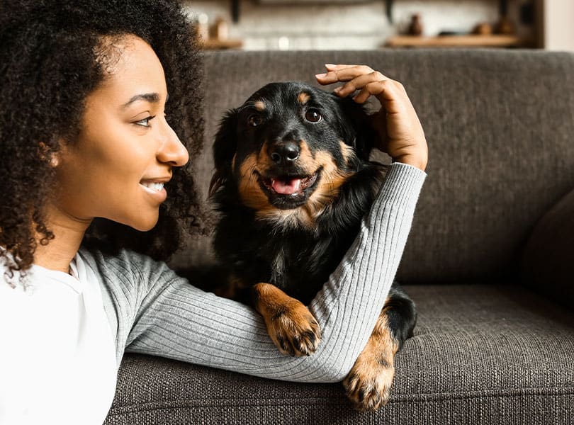 woman petting dog