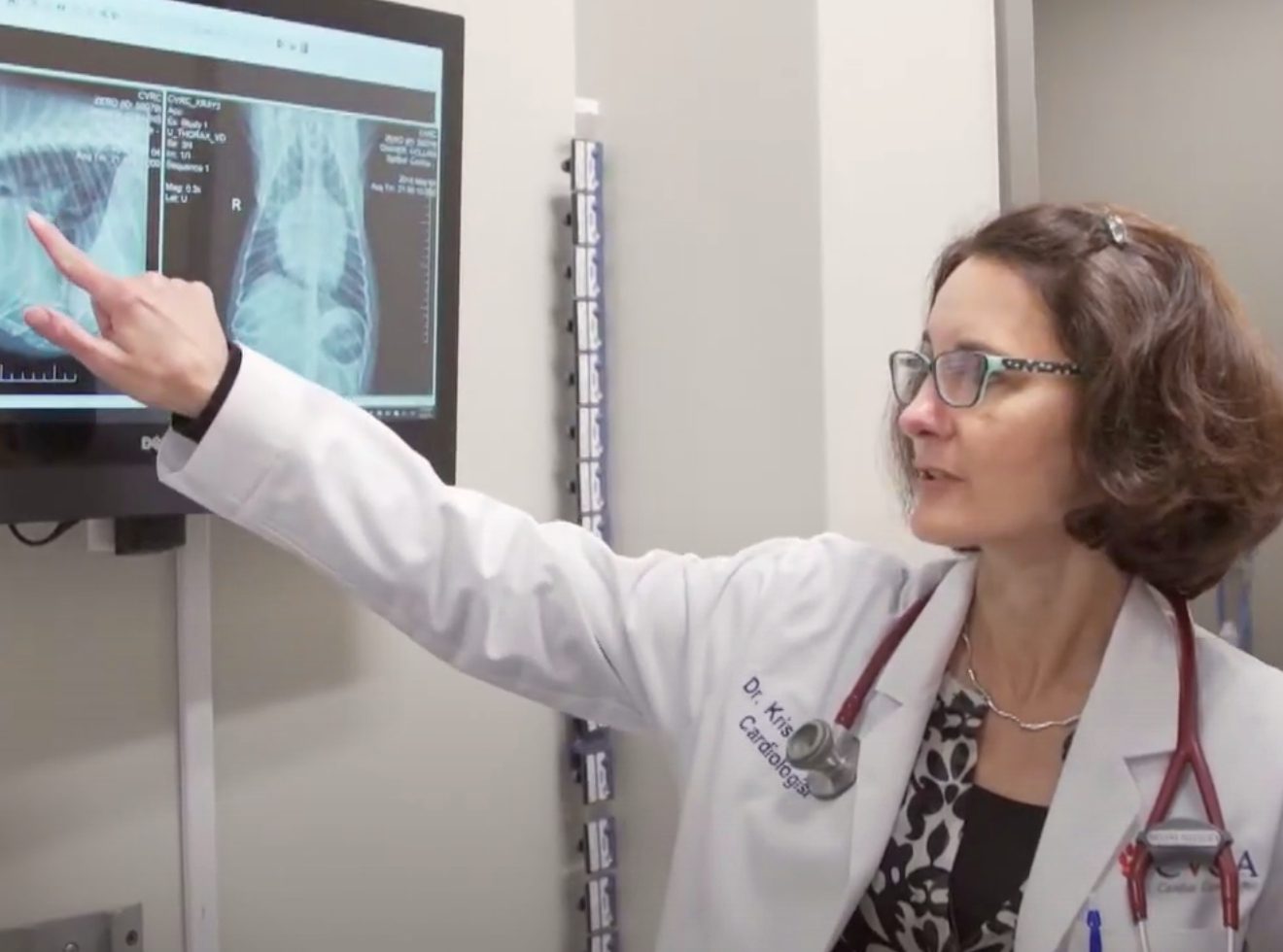 CVCA vet cardiologist diplomate explains while gesturing to echocardiogram