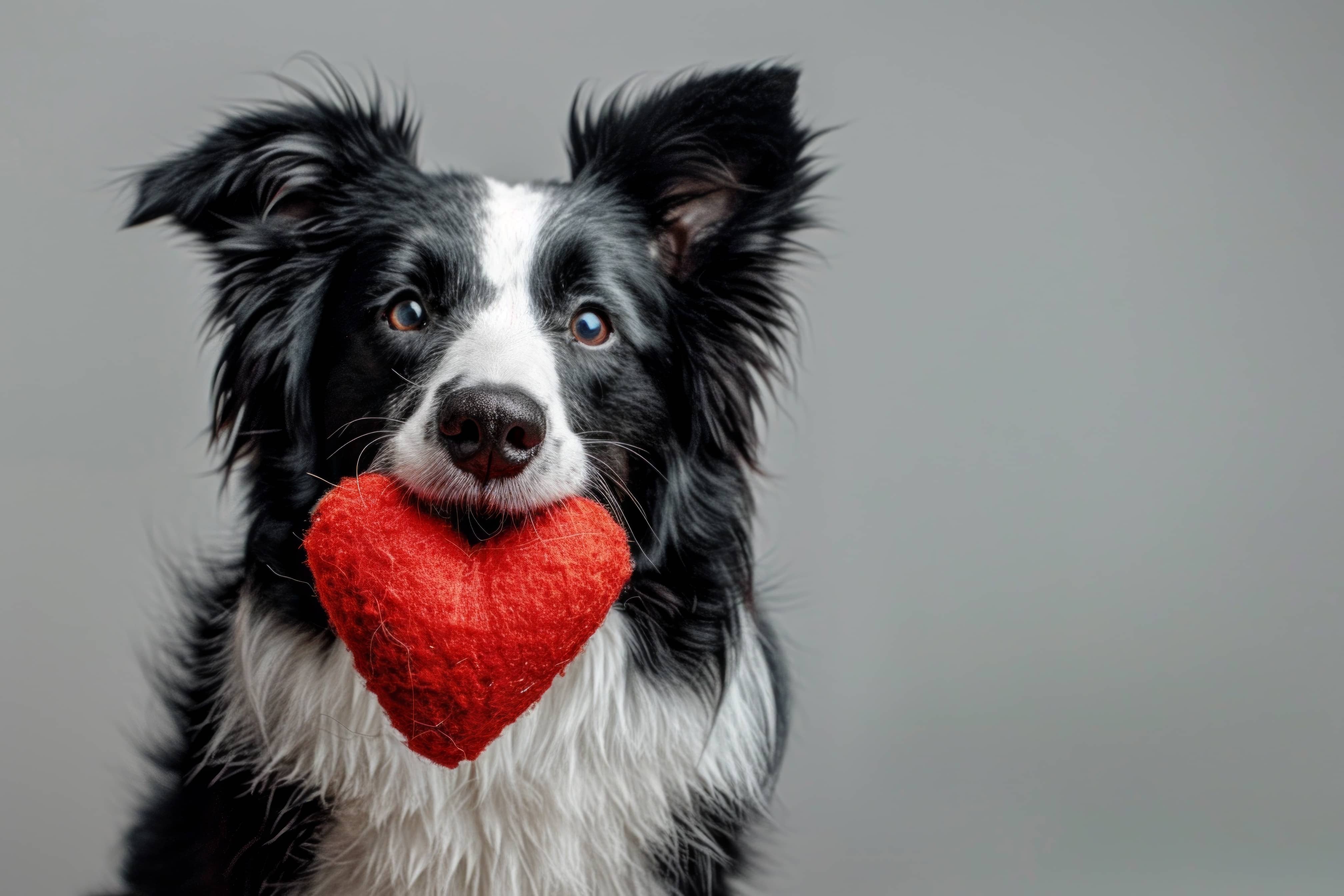 Happy black and white border collie dog holding a red heart-shaped toy